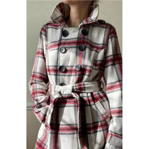 Plaid Belted Buttoned Short Coar Red, White, Gray